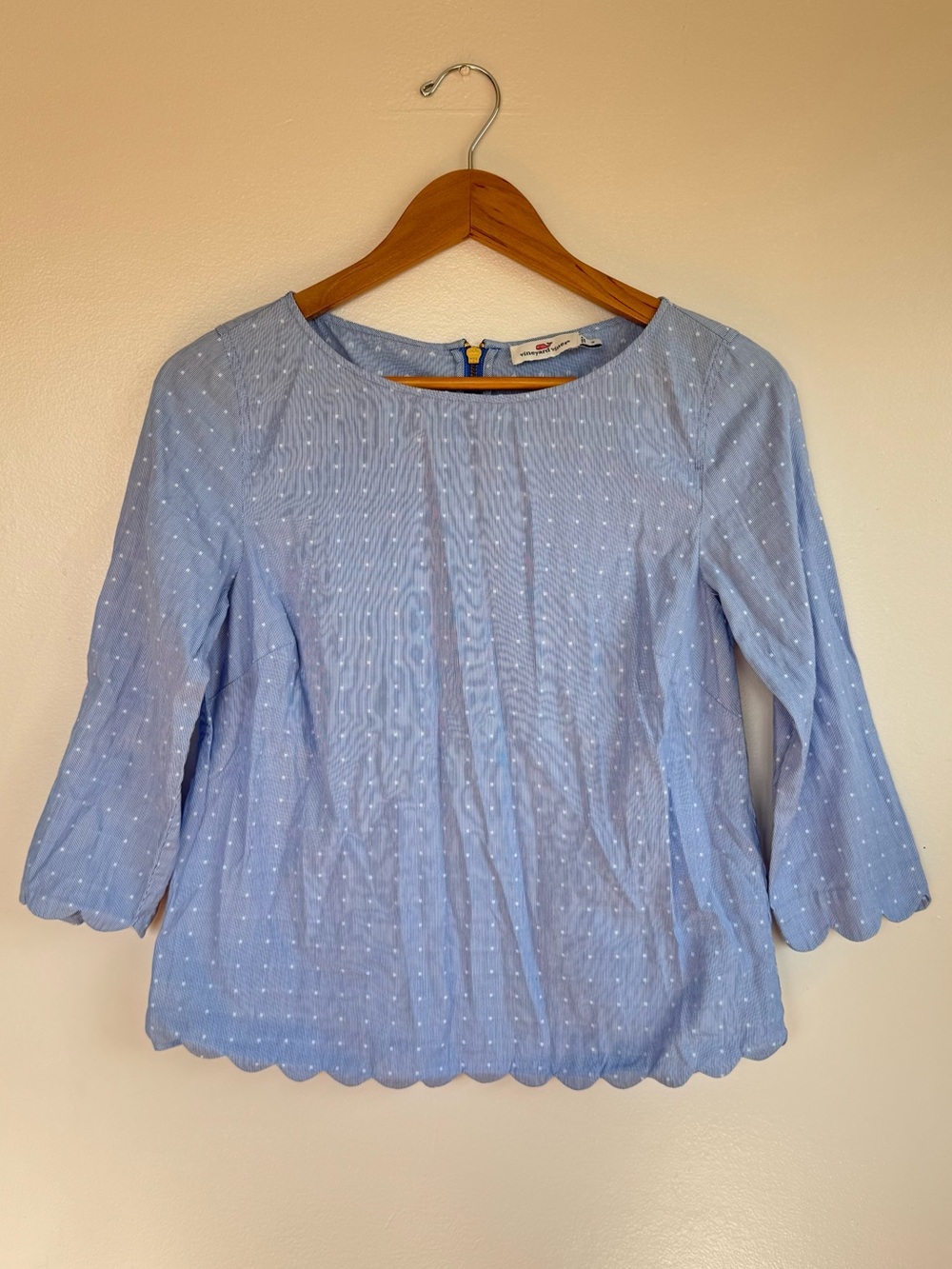 Vineyard Vines Cotton Boatneck Scallop Hem Blue & White Polka Dot Blouse Size 2